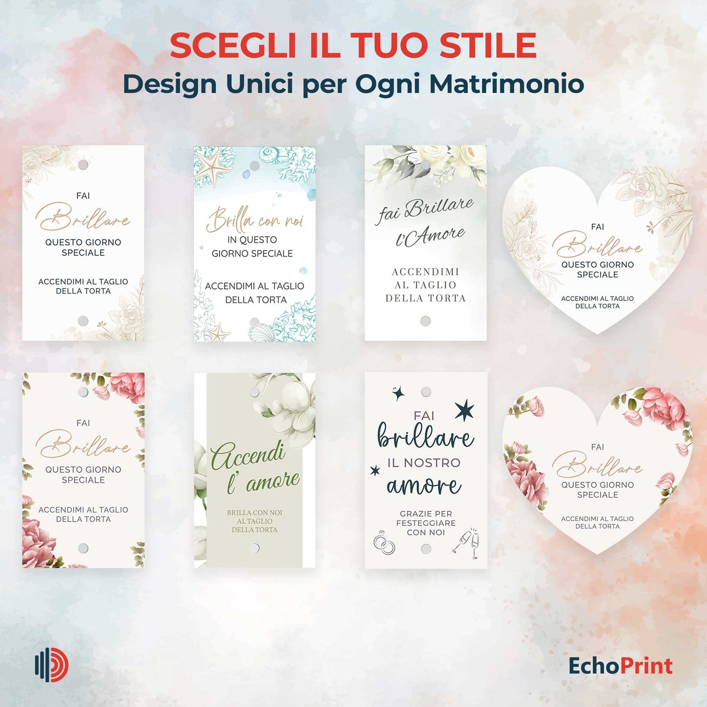 Etichette scintille luminose matrimonio eleganti in cartoncino bianco con foro centrale