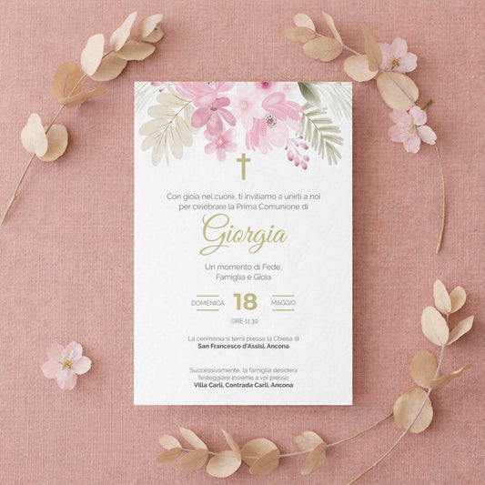 Invito per Prima Comunione bambina con design elegante e carta di qualità, partecipazione personalizzata per comunione