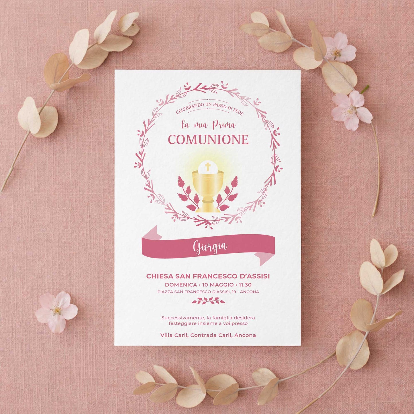 Invito per Prima Comunione bambina con design elegante e carta di qualità, partecipazione personalizzata per comunione