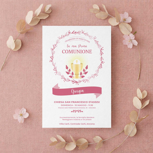 Invito per Prima Comunione bambina con design elegante e carta di qualità, partecipazione personalizzata per comunione