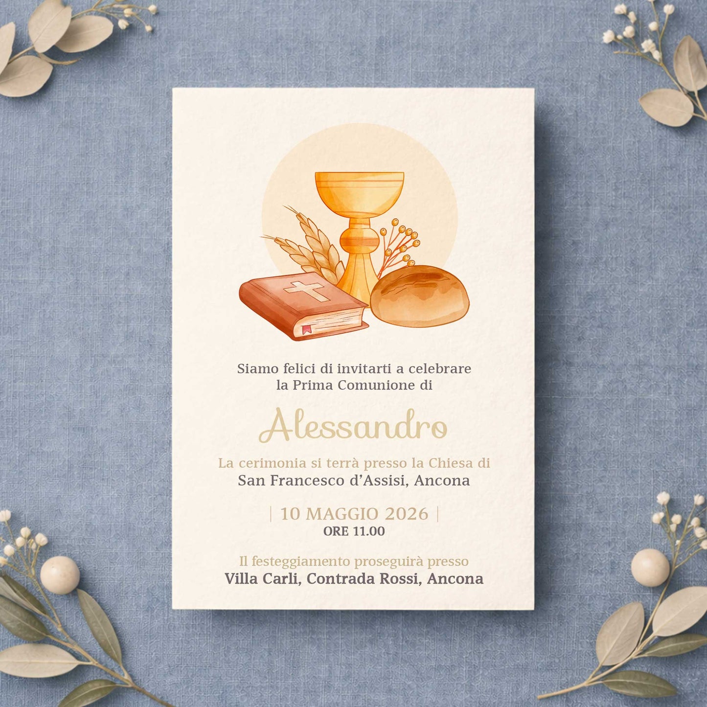 Invito per Prima Comunione bambino con design elegante e carta di qualità, partecipazione personalizzata per comunione
