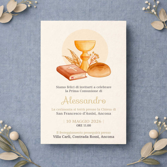 Invito per Prima Comunione bambino con design elegante e carta di qualità, partecipazione personalizzata per comunione