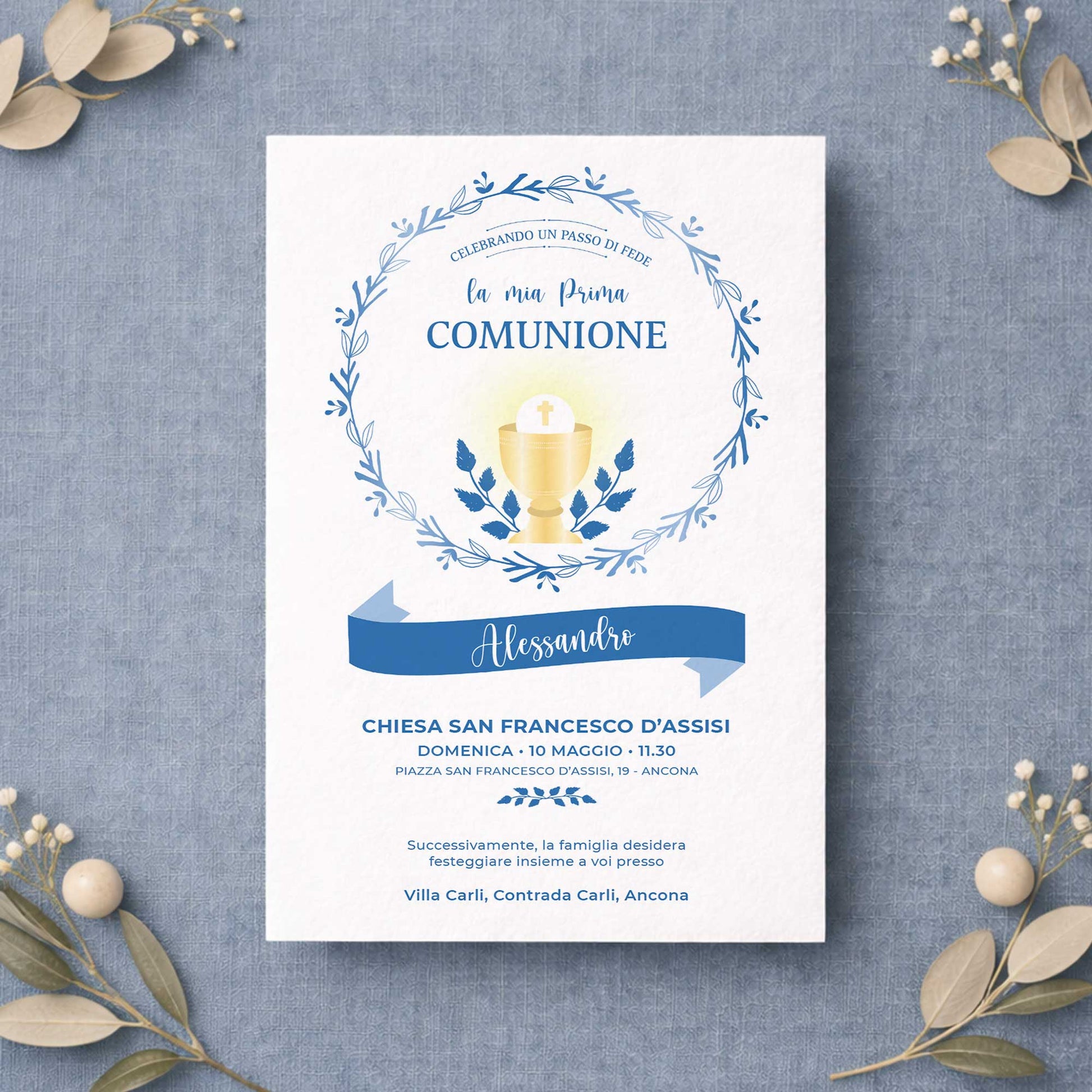 Invito per Prima Comunione bambino con design elegante e carta di qualità, partecipazione personalizzata per comunione