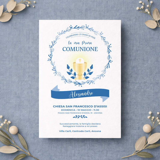 Invito per Prima Comunione bambino con design elegante e carta di qualità, partecipazione personalizzata per comunione