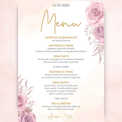 Menù Matrimonio Coordinato personalizzato Romantic Blush Roses