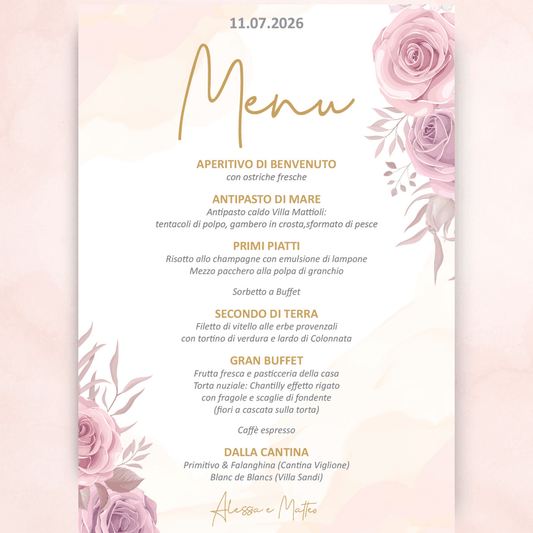 Menù Matrimonio Coordinato personalizzato Romantic Blush Roses