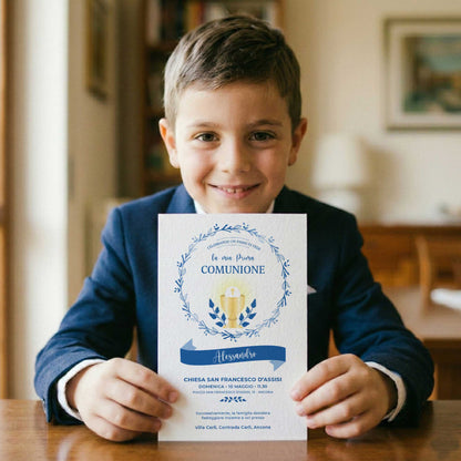 Invito per Prima Comunione bambino con design elegante e carta di qualità, partecipazione personalizzata per comunione