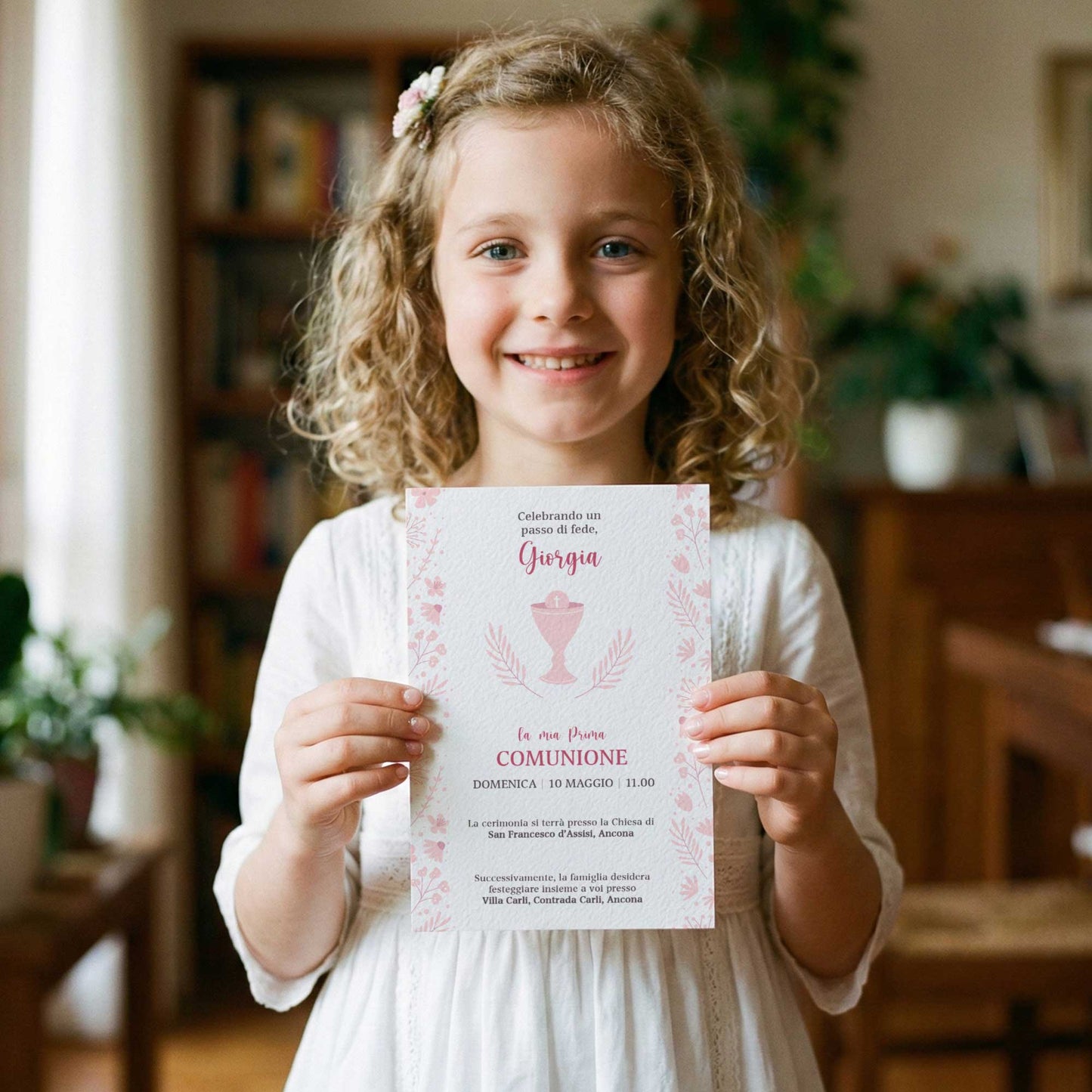 Invito per Prima Comunione bambina con design elegante e carta di qualità, partecipazione personalizzata per comunione