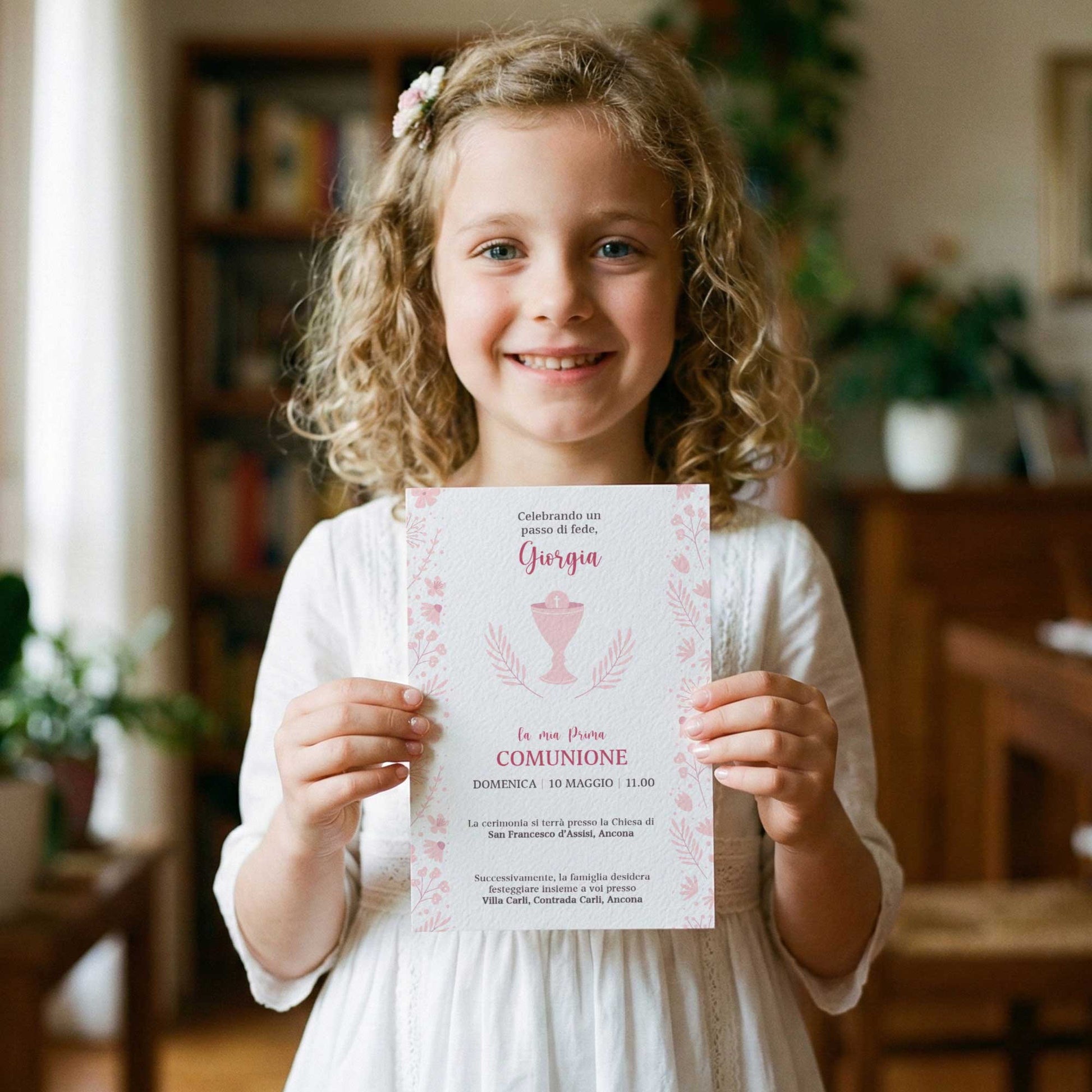 Invito per Prima Comunione bambina con design elegante e carta di qualità, partecipazione personalizzata per comunione