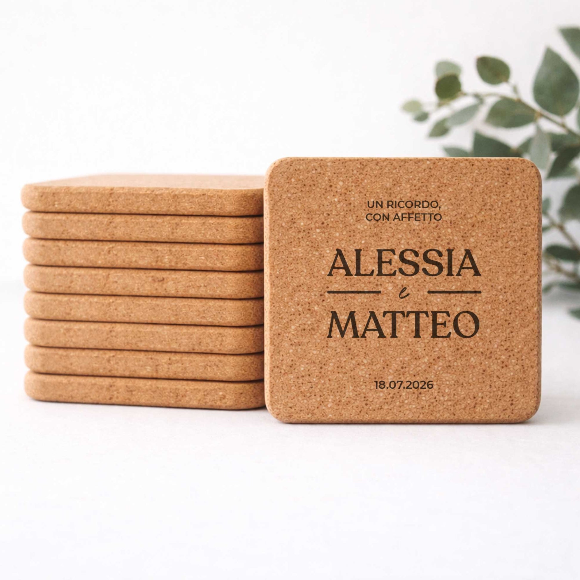 Sottobicchiere in sughero quadrato rustico. Segnaposto matrimonio personalizzato 2026