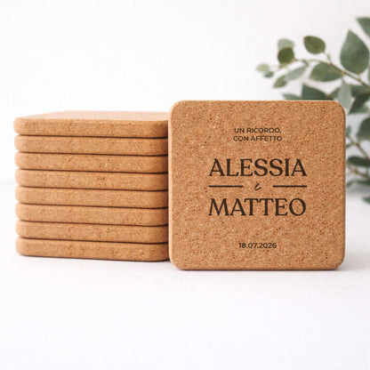 Sottobicchiere in sughero quadrato rustico. Segnaposto matrimonio personalizzato 2026