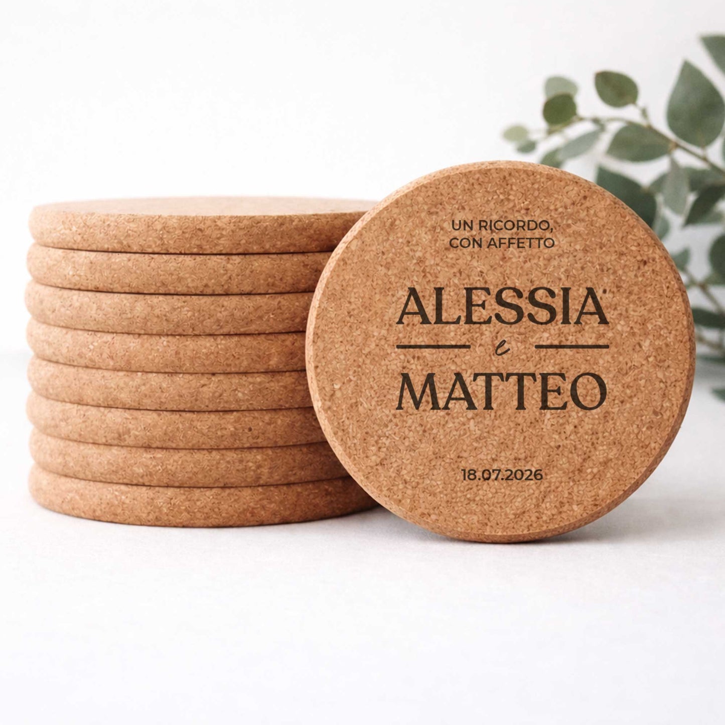 Sottobicchiere in sughero tondo rustico. Segnaposto matrimonio personalizzato 2026