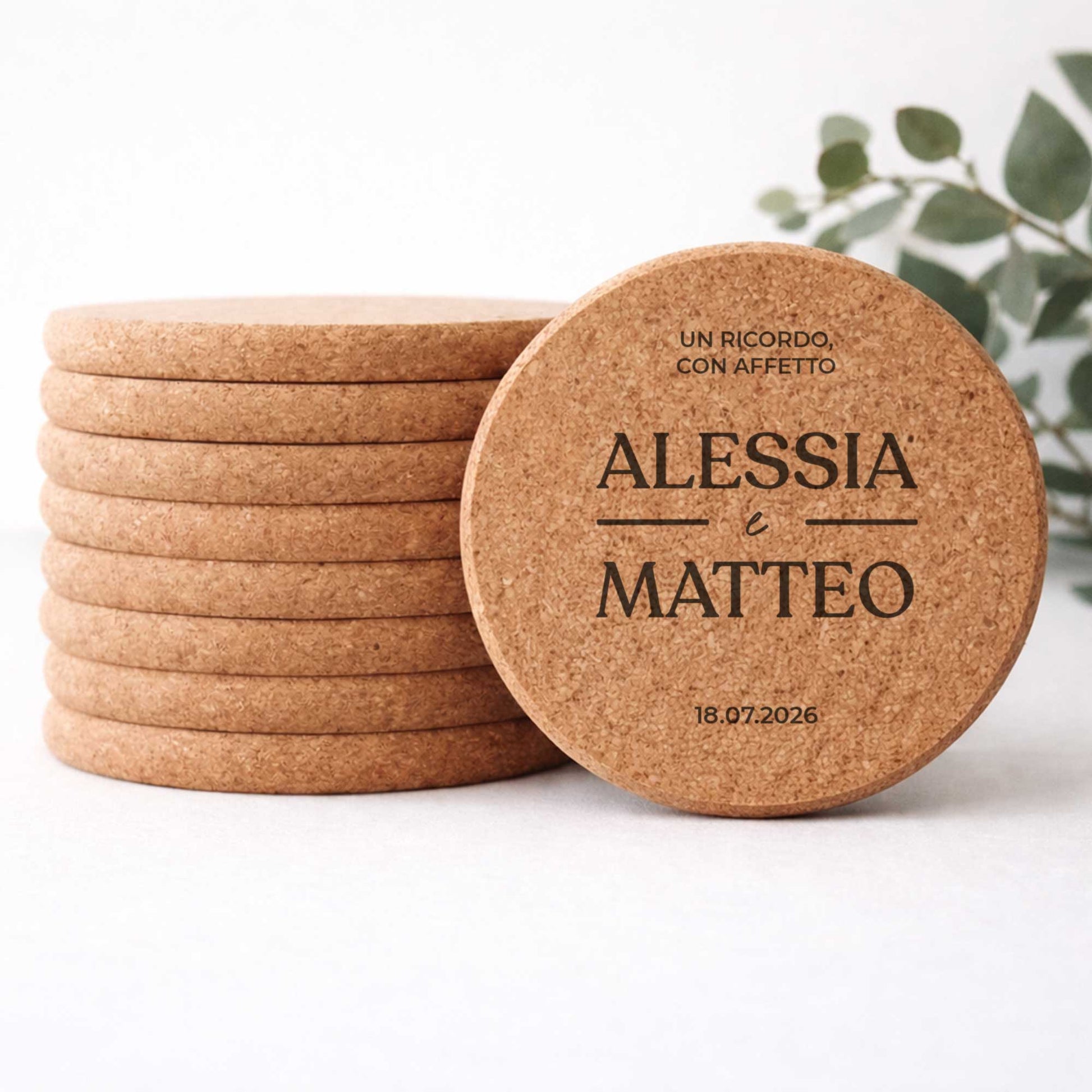 Sottobicchiere in sughero tondo rustico. Segnaposto matrimonio personalizzato 2026