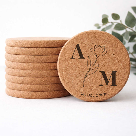 Sottobicchiere in sughero tondo rustico. Segnaposto matrimonio personalizzato 2026