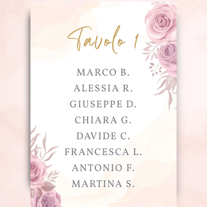 Tableau Matrimonio Coordinato personalizzato Romantic Blush Roses