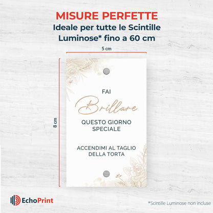 Etichette scintille luminose matrimonio eleganti in cartoncino bianco con foro centrale
